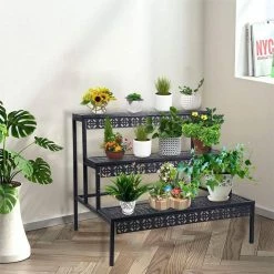 Dyiom Black Ladder Plant Stand 3 Rectangle Layers Stair Style Metal Vintage Shelf Pattern Flower Pot Rack Indoor & Outdoor -Sunnydaze Decor Sales black dyiom plant stands b09t9prhl1 4f 1000