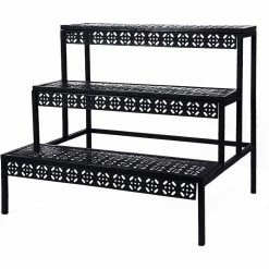 Dyiom Black Ladder Plant Stand 3 Rectangle Layers Stair Style Metal Vintage Shelf Pattern Flower Pot Rack Indoor & Outdoor