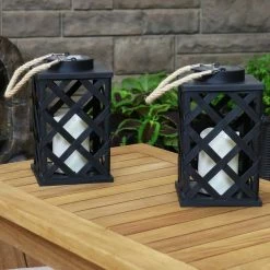 Sunnydaze Decor 9 in. Modern Crosshatch Black Solar LED Candle Outdoor Lantern (2-Pack) -Sunnydaze Decor Sales blacks sunnydaze decor citronella candles torches for 728 2pk 31 1000