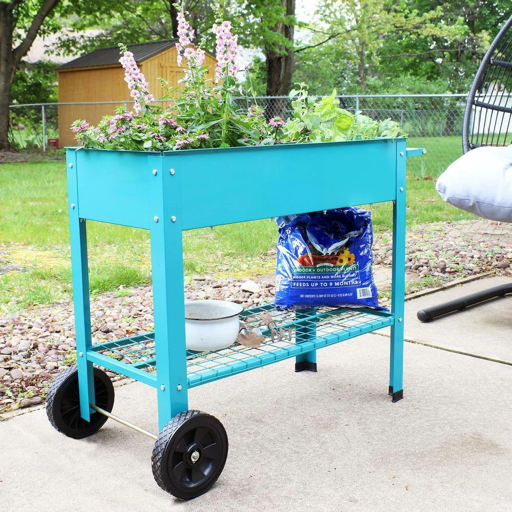 Sunnydaze Decor Galvanized Steel Mobile Raised Garden Bed Cart in Blue 10 Sunnydaze Decor Galvanized Steel Mobile Raised Garden Bed Cart in Blue - Image 10