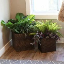 Sunnydaze Decor Sunnydaze Square Polyrattan Indoor Planters - 1 Large/1 Small Planter - Brown -Sunnydaze Decor Sales brown sunnydaze decor plant pots nhu 515 31 1000