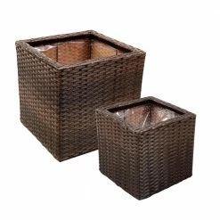 Sunnydaze Decor Sunnydaze Square Polyrattan Indoor Planters - 1 Large/1 Small Planter - Brown