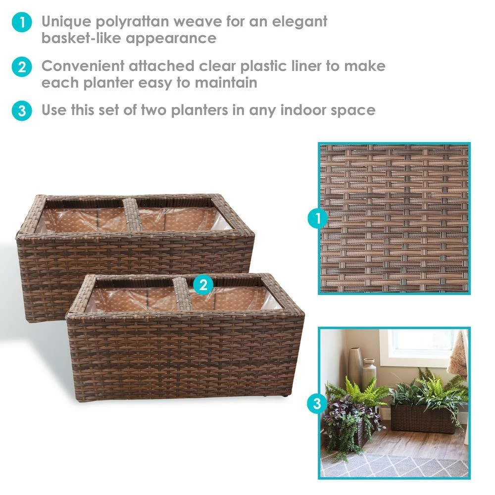 Sunnydaze Decor Sunnydaze 2-Section Rectangle Polyrattan Indoor Planters - Set of 2 - Brown 6 Sunnydaze Decor Sunnydaze 2-Section Rectangle Polyrattan Indoor Planters - Set of 2 - Brown - Image 6