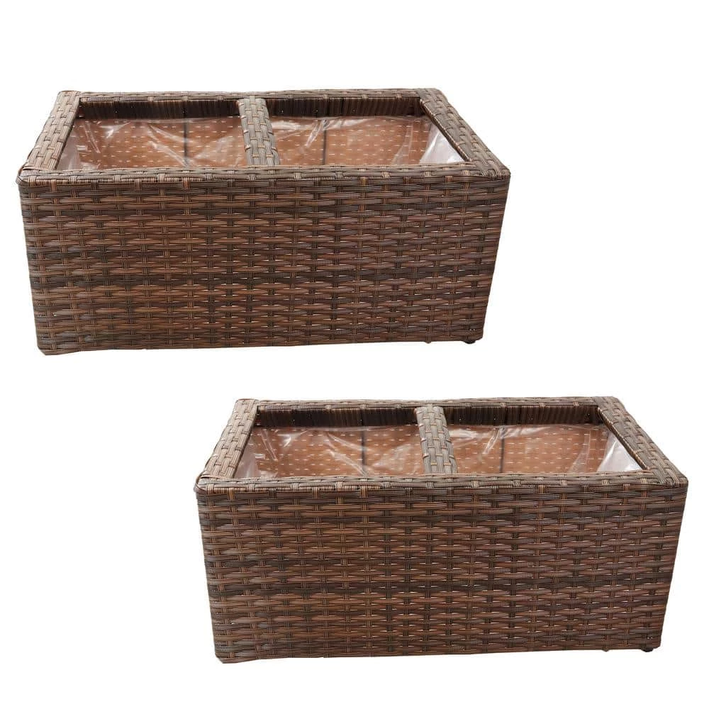 Sunnydaze Decor Sunnydaze 2-Section Rectangle Polyrattan Indoor Planters - Set of 2 - Brown 1 Sunnydaze Decor Sunnydaze 2-Section Rectangle Polyrattan Indoor Planters - Set of 2 - Brown