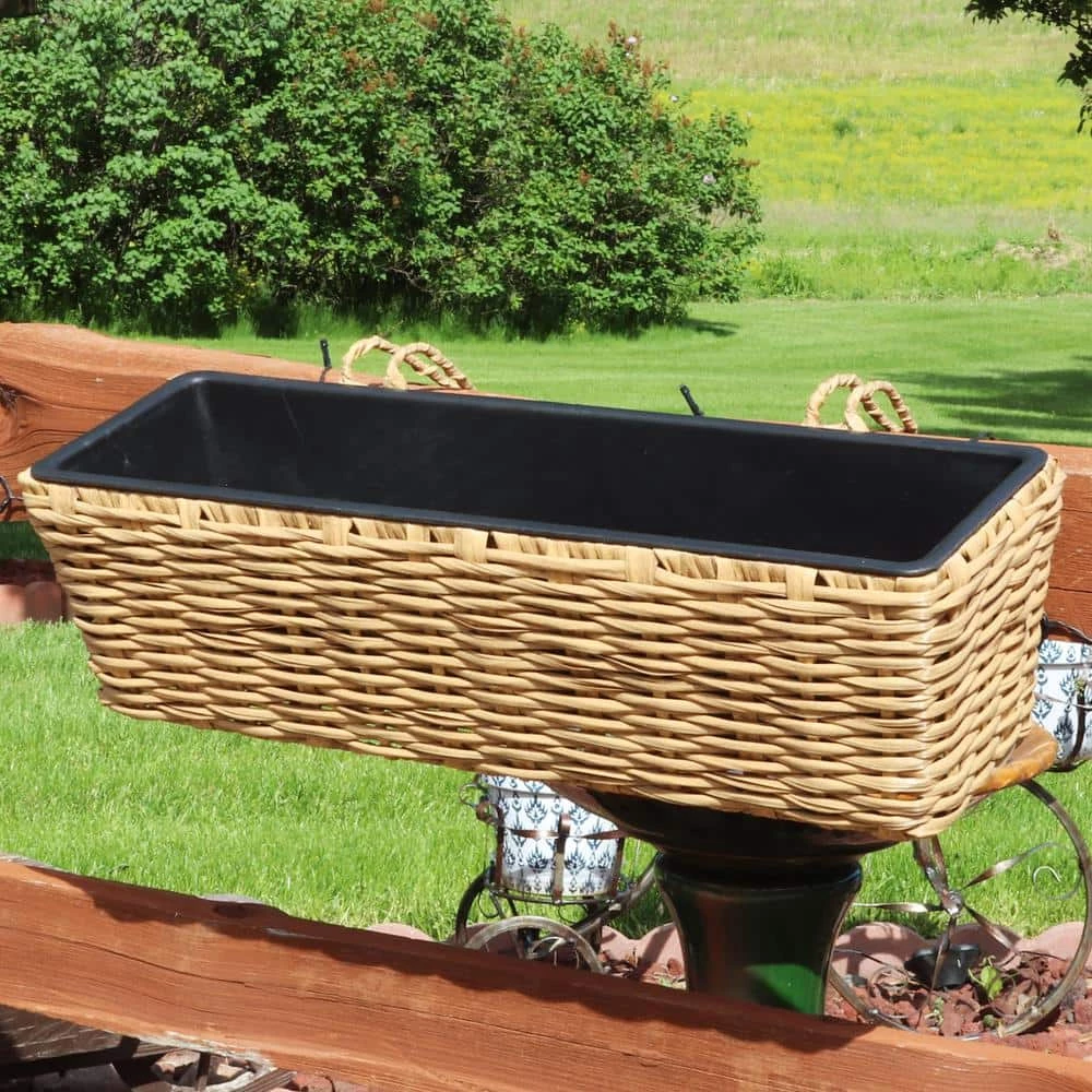 Sunnydaze Decor Sunnydaze Hanging Rectangle Polyrattan Rail Planter with Plastic Liner - Brown 2 Sunnydaze Decor Sunnydaze Hanging Rectangle Polyrattan Rail Planter with Plastic Liner - Brown - Image 2
