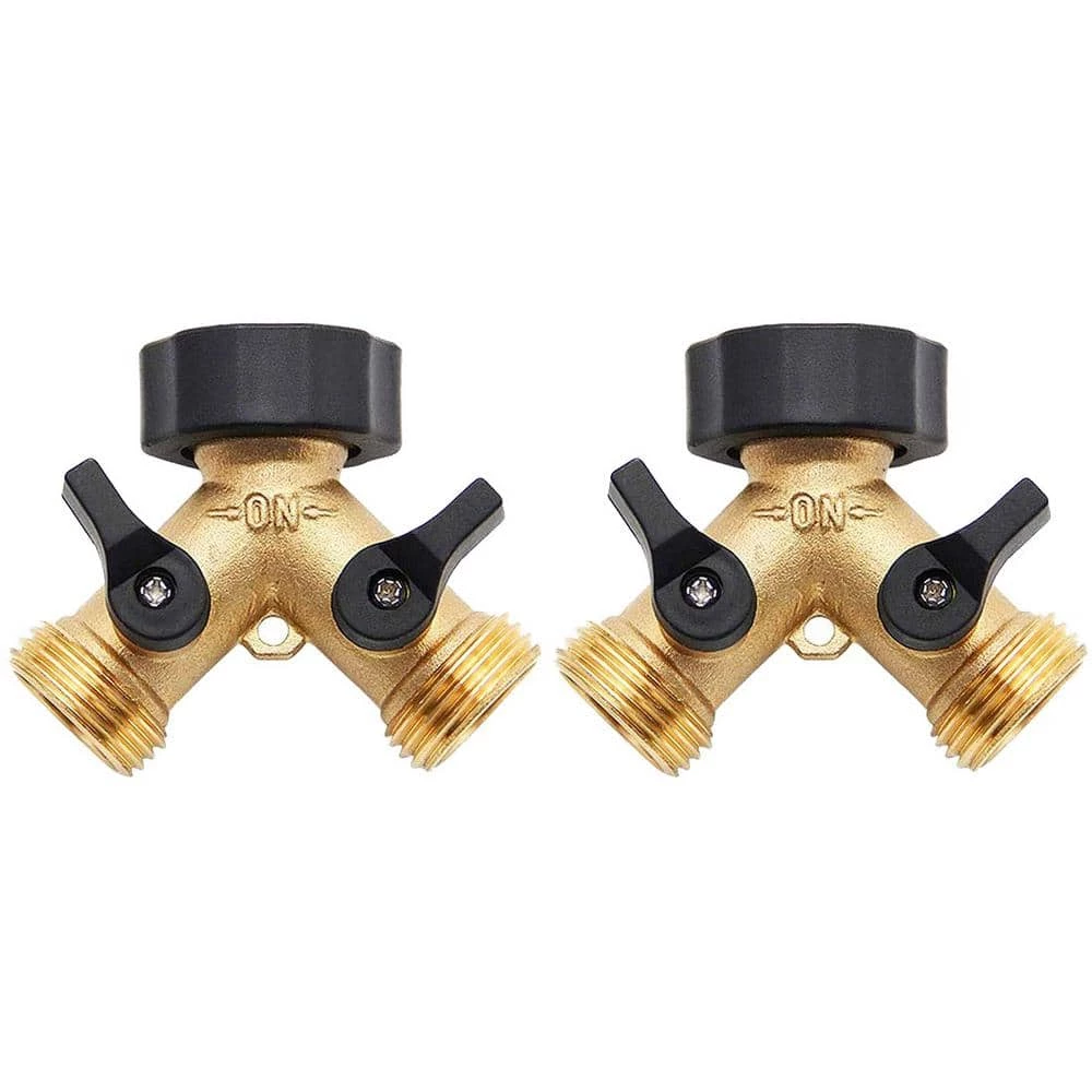 Dyiom 3/4 in. Heavy-Duty Brass Garden Hose Splitter 2 Way Hose Connector with 2 Valves (2-Pack) 1 Dyiom 3/4 in. Heavy-Duty Brass Garden Hose Splitter 2 Way Hose Connector with 2 Valves (2-Pack)