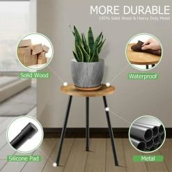 Dyiom 11.8 in. x 16 in. Light Brown Modern Home Decor Small Round Wood Metal Plant Stand Plant Holder -Sunnydaze Decor Sales light brown dyiom plant stands b09h2vvdk8 1f 1000