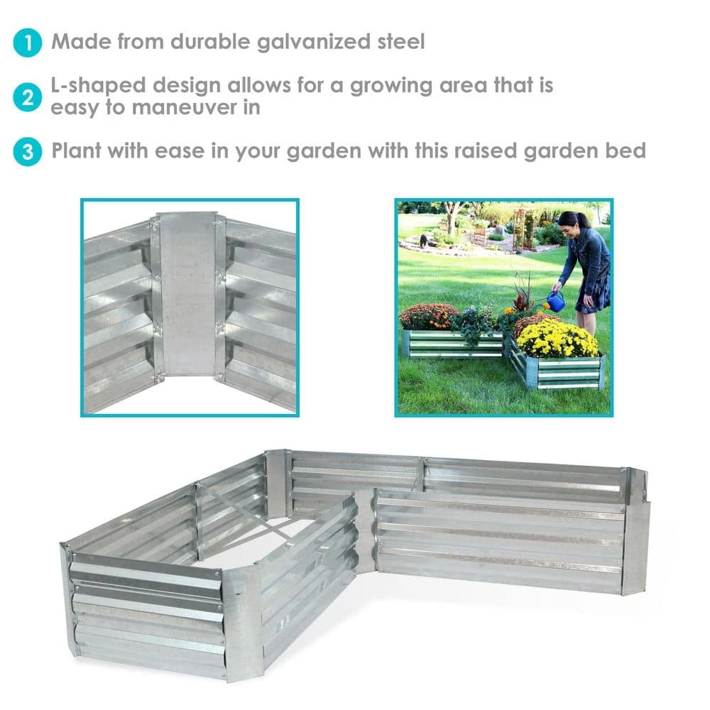 Sunnydaze Decor L-Shaped Silver Galvanized Steel Raised Garden Bed 2 Sunnydaze Decor L-Shaped Silver Galvanized Steel Raised Garden Bed - Image 2