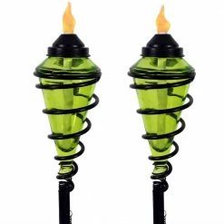 Sunnydaze Decor Green Glass Citronella Torch with Metal Swirl (Set of 2)