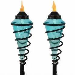 Sunnydaze Decor 67 in. Metal Swirl Glass Outdoor Torch 2-in-1 Blue (2-Pack)