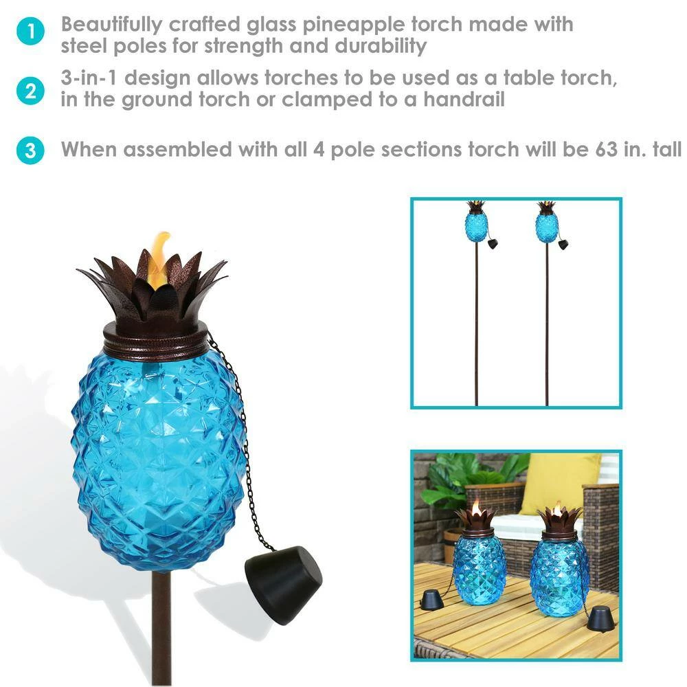 Sunnydaze Decor 3-In-1 Blue Tropical Pineapple Glass Outdoor Torches (Set of 2) 2 Sunnydaze Decor 3-In-1 Blue Tropical Pineapple Glass Outdoor Torches (Set of 2) - Image 2