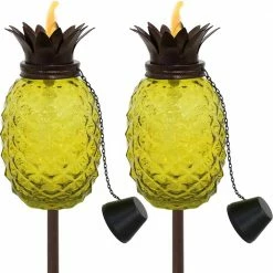 Sunnydaze Decor Tropical Pineapple 3-in-1 Yellow Glass Outdoor Torches (Set of 2)