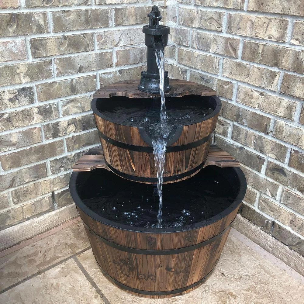 Sunnydaze Decor 37 in. 2-Tier Rustic Wood Barrel Water Fountain with Hand Pump 8 Sunnydaze Decor 37 in. 2-Tier Rustic Wood Barrel Water Fountain with Hand Pump - Image 8