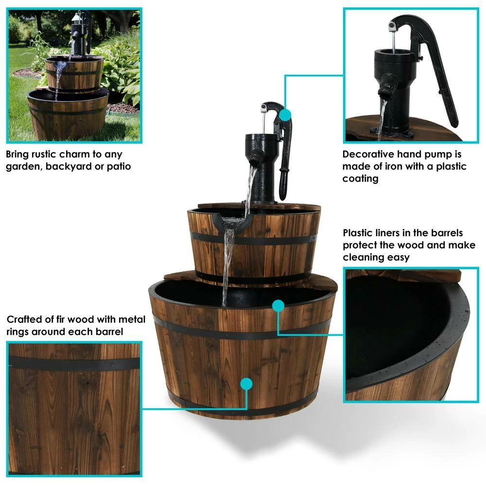 Sunnydaze Decor 37 in. 2-Tier Rustic Wood Barrel Water Fountain with Hand Pump 3 Sunnydaze Decor 37 in. 2-Tier Rustic Wood Barrel Water Fountain with Hand Pump - Image 3