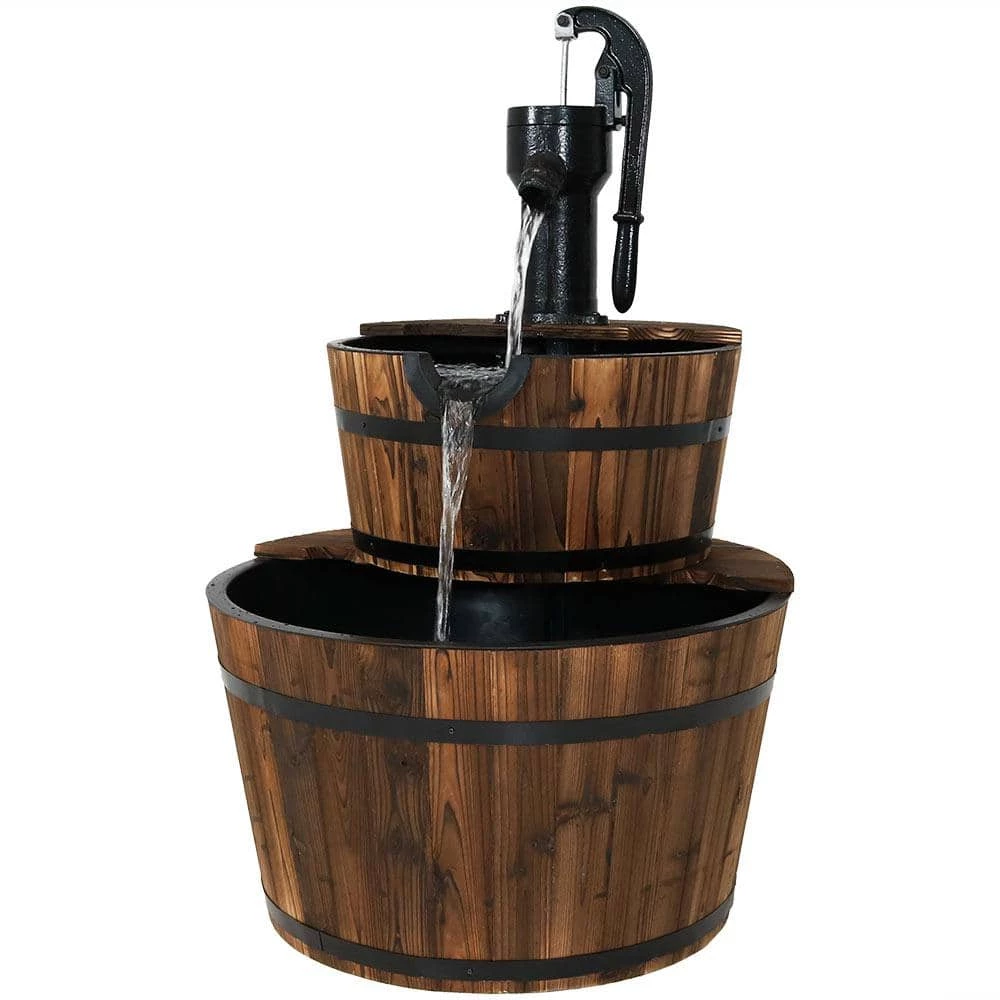 Sunnydaze Decor 37 in. 2-Tier Rustic Wood Barrel Water Fountain with Hand Pump 1 Sunnydaze Decor 37 in. 2-Tier Rustic Wood Barrel Water Fountain with Hand Pump