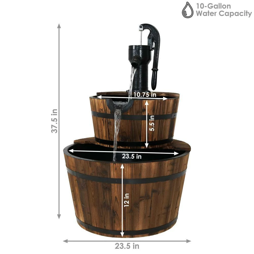 Sunnydaze Decor 37 in. 2-Tier Rustic Wood Barrel Water Fountain with Hand Pump 7 Sunnydaze Decor 37 in. 2-Tier Rustic Wood Barrel Water Fountain with Hand Pump - Image 7