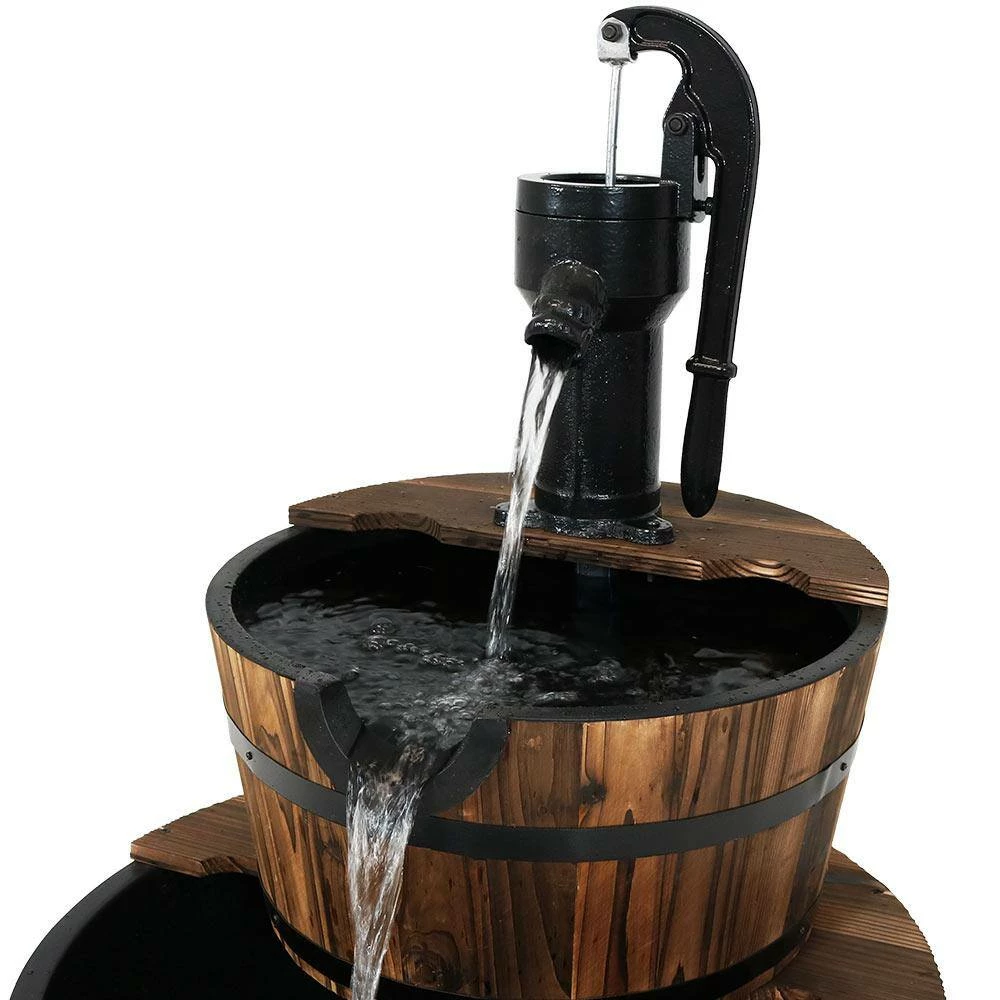 Sunnydaze Decor 37 in. 2-Tier Rustic Wood Barrel Water Fountain with Hand Pump 2 Sunnydaze Decor 37 in. 2-Tier Rustic Wood Barrel Water Fountain with Hand Pump - Image 2