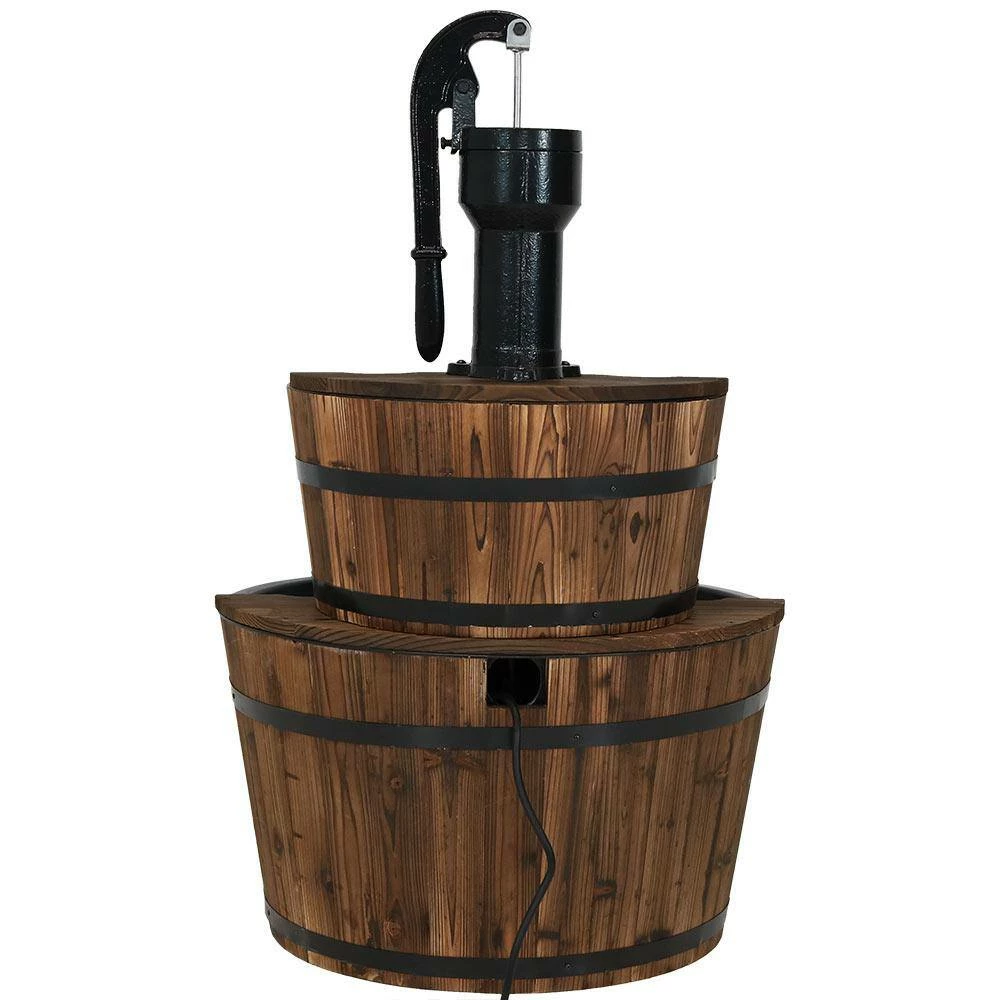 Sunnydaze Decor 37 in. 2-Tier Rustic Wood Barrel Water Fountain with Hand Pump 6 Sunnydaze Decor 37 in. 2-Tier Rustic Wood Barrel Water Fountain with Hand Pump - Image 6
