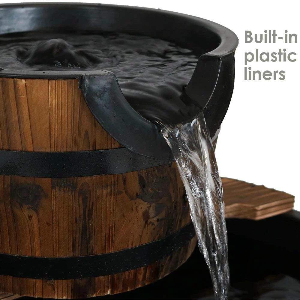 Sunnydaze Decor 30 in. 3-Tier Rustic Wood Barrel Outdoor Water Fountain 4 Sunnydaze Decor 30 in. 3-Tier Rustic Wood Barrel Outdoor Water Fountain - Image 4