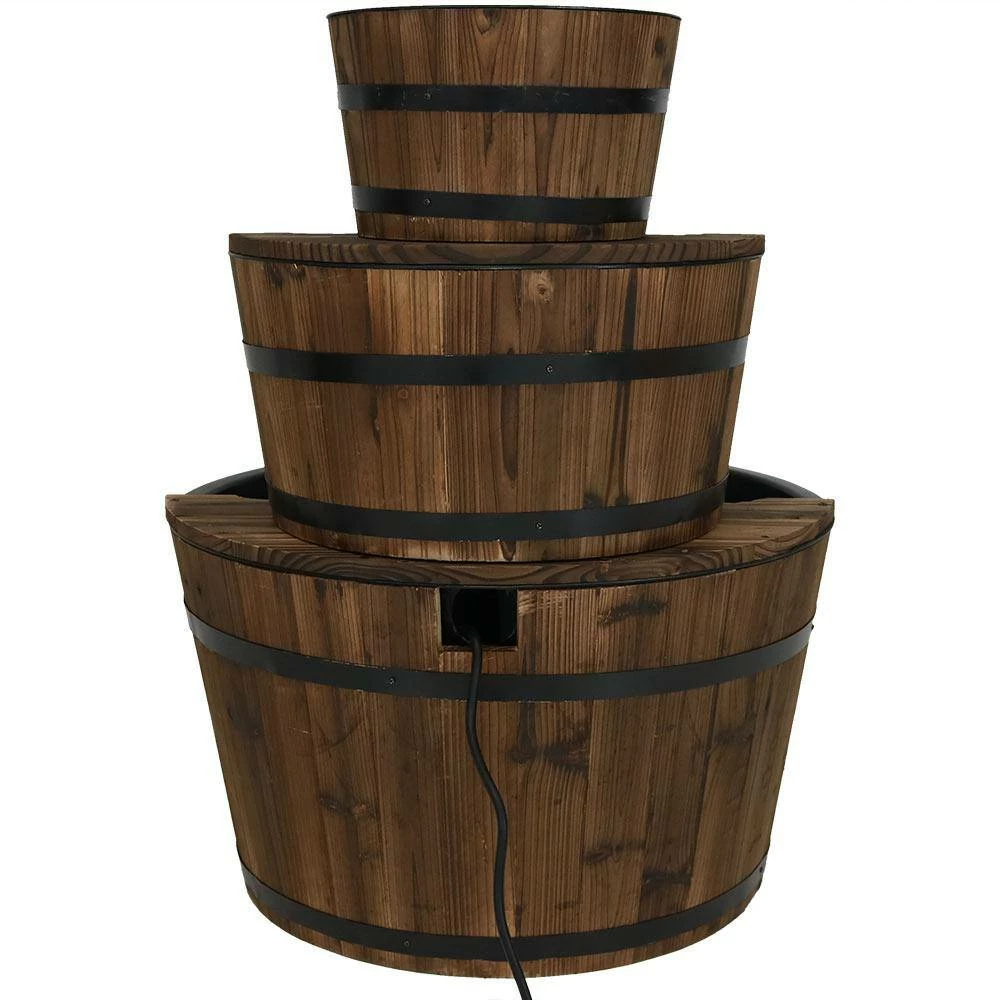 Sunnydaze Decor 30 in. 3-Tier Rustic Wood Barrel Outdoor Water Fountain 5 Sunnydaze Decor 30 in. 3-Tier Rustic Wood Barrel Outdoor Water Fountain - Image 5