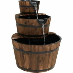 Sunnydaze Decor 30 in. 3-Tier Rustic Wood Barrel Outdoor Water Fountain