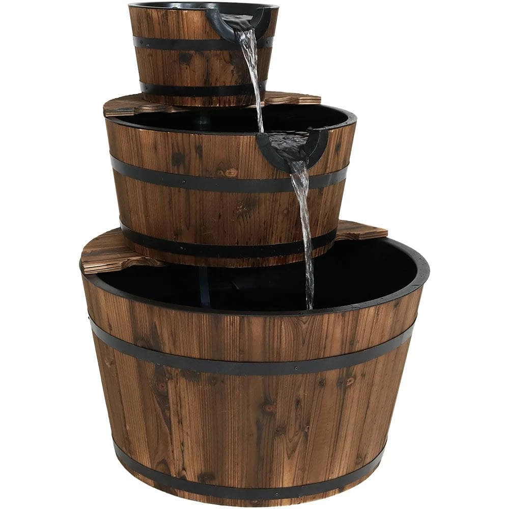 Sunnydaze Decor 30 in. 3-Tier Rustic Wood Barrel Outdoor Water Fountain 1 Sunnydaze Decor 30 in. 3-Tier Rustic Wood Barrel Outdoor Water Fountain