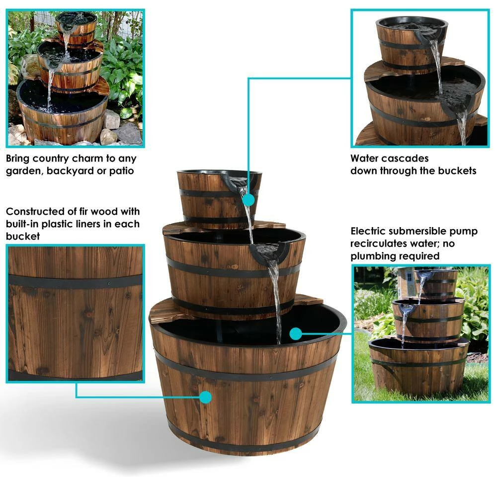 Sunnydaze Decor 30 in. 3-Tier Rustic Wood Barrel Outdoor Water Fountain 7 Sunnydaze Decor 30 in. 3-Tier Rustic Wood Barrel Outdoor Water Fountain - Image 7