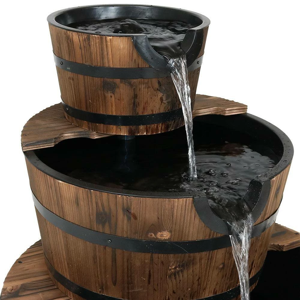 Sunnydaze Decor 30 in. 3-Tier Rustic Wood Barrel Outdoor Water Fountain 2 Sunnydaze Decor 30 in. 3-Tier Rustic Wood Barrel Outdoor Water Fountain - Image 2