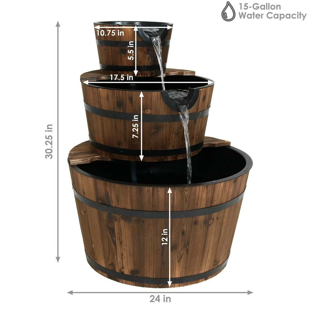 Sunnydaze Decor 30 in. 3-Tier Rustic Wood Barrel Outdoor Water Fountain 6 Sunnydaze Decor 30 in. 3-Tier Rustic Wood Barrel Outdoor Water Fountain - Image 6