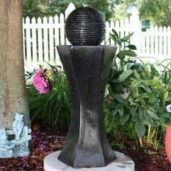 Sunnydaze Decor 31 in. Black Pedestal and Ball Solar with Battery Backup Outdoor Cascade Water Fountain (3-Pieces) -Sunnydaze Decor Sales sunnydaze decor freestanding fountains sl 0407b 31 1000