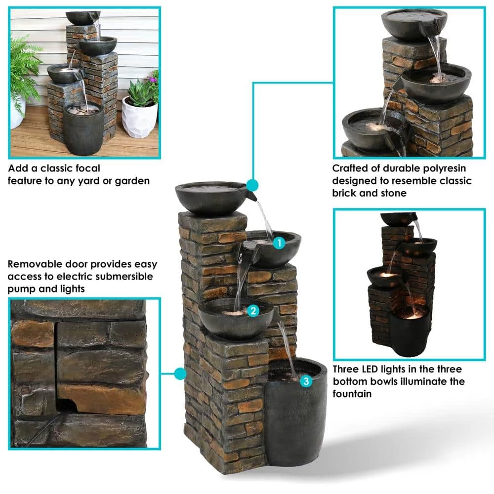 Sunnydaze Decor 34 in. Staggered Bowls Tiered Outdoor Water Fountain with LED Lights 3 Sunnydaze Decor 34 in. Staggered Bowls Tiered Outdoor Water Fountain with LED Lights - Image 3