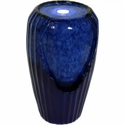 Sunnydaze Decor 22 in. Blue Ceramic Vase Outdoor Water Fountain with LED Lights