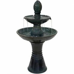 Sunnydaze Decor 38 in. Double Tier Outdoor Ceramic Water Fountain with LED Lights