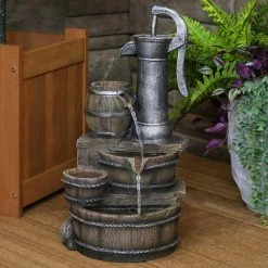 Sunnydaze Decor 23 in. Cozy Farmhouse Pump and Barrels Tiered Water Fountain with LED Lights (3-Piece) 23 Sunnydaze Decor 23 in. Cozy Farmhouse Pump and Barrels Tiered Water Fountain with LED Lights (3-Piece) -Sunnydaze Decor Sales sunnydaze decor freestanding fountains xss 424 31 1000