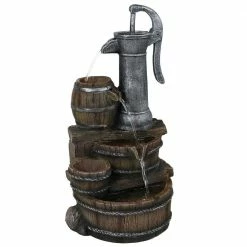 Sunnydaze Decor 23 in. Cozy Farmhouse Pump and Barrels Tiered Water Fountain with LED Lights (3-Piece)