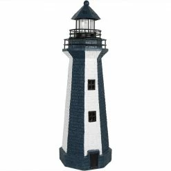 Sunnydaze Decor 36 in. Blue Vertical Stripe Solar LED Lighthouse Garden Statue