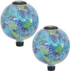 Sunnydaze Decor 10 in. Azul Terra Glass Gazing Ball Globe - LED Solar Light (Set of 2)