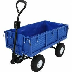 Sunnydaze Decor Heavy-Duty Steel Dumping Utility Garden Cart with Folding Sides and Poly Liner Set - Blue