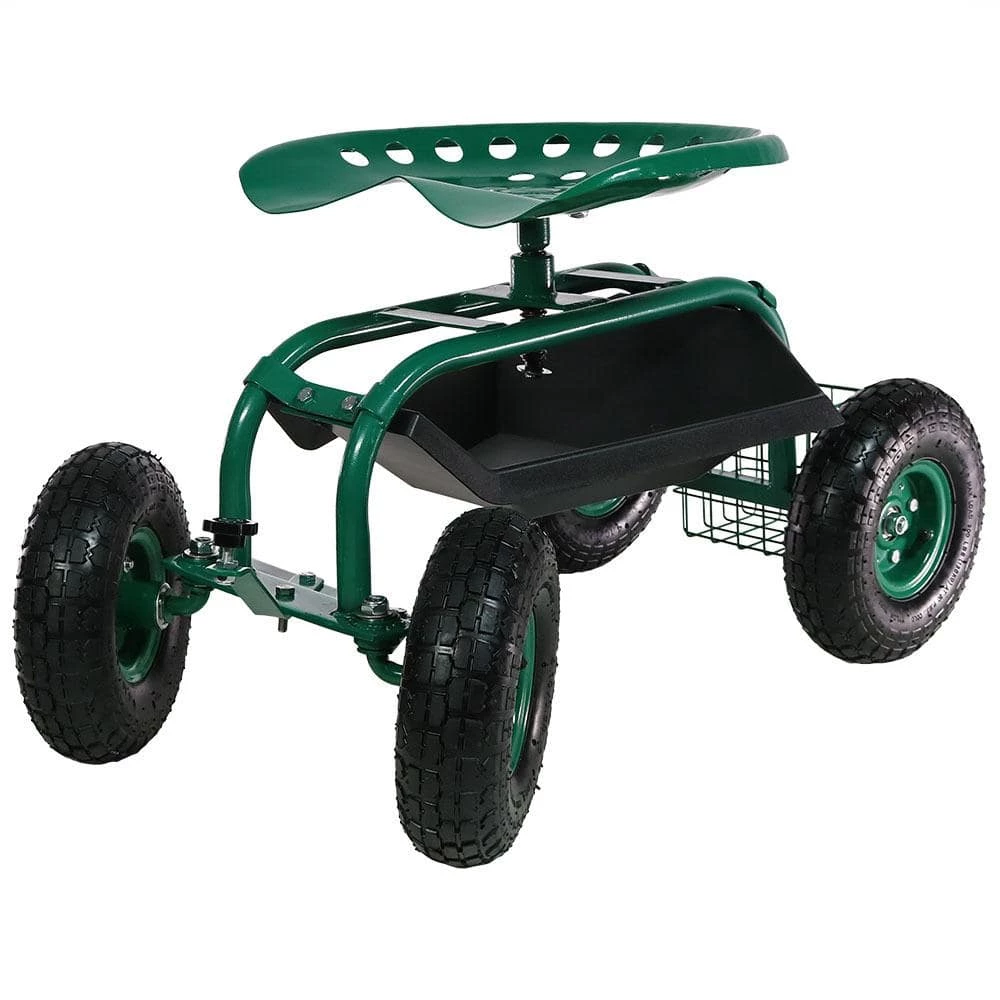 Sunnydaze Decor Green Steel Rolling Garden Cart with Steering Handle, Swivel Seat and Basket 1 Sunnydaze Decor Green Steel Rolling Garden Cart with Steering Handle, Swivel Seat and Basket