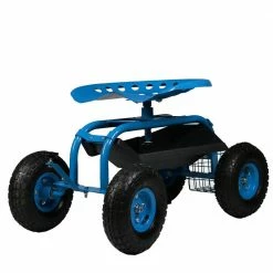 Sunnydaze Decor Blue Steel Rolling Garden Cart with Steering Handle, Swivel Seat and Basket