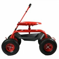 Sunnydaze Decor Red Steel Rolling Garden Cart with Extendable Steering Handle, Swivel Seat and Basket
