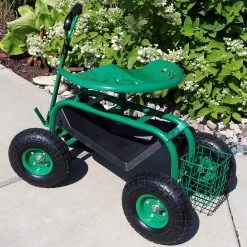 Sunnydaze Decor Green Steel Rolling Garden Cart with Extendable Steering Handle, Swivel Seat and Basket -Sunnydaze Decor Sales sunnydaze decor planter caddies qh esrc991 gn 31 1000
