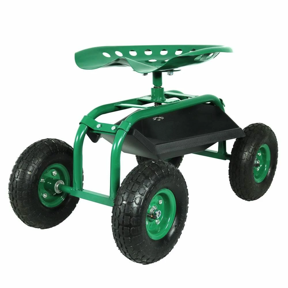 Sunnydaze Decor Green Steel Rolling Garden Cart with 360-Degree Swivel Seat and Tray 1 Sunnydaze Decor Green Steel Rolling Garden Cart with 360-Degree Swivel Seat and Tray