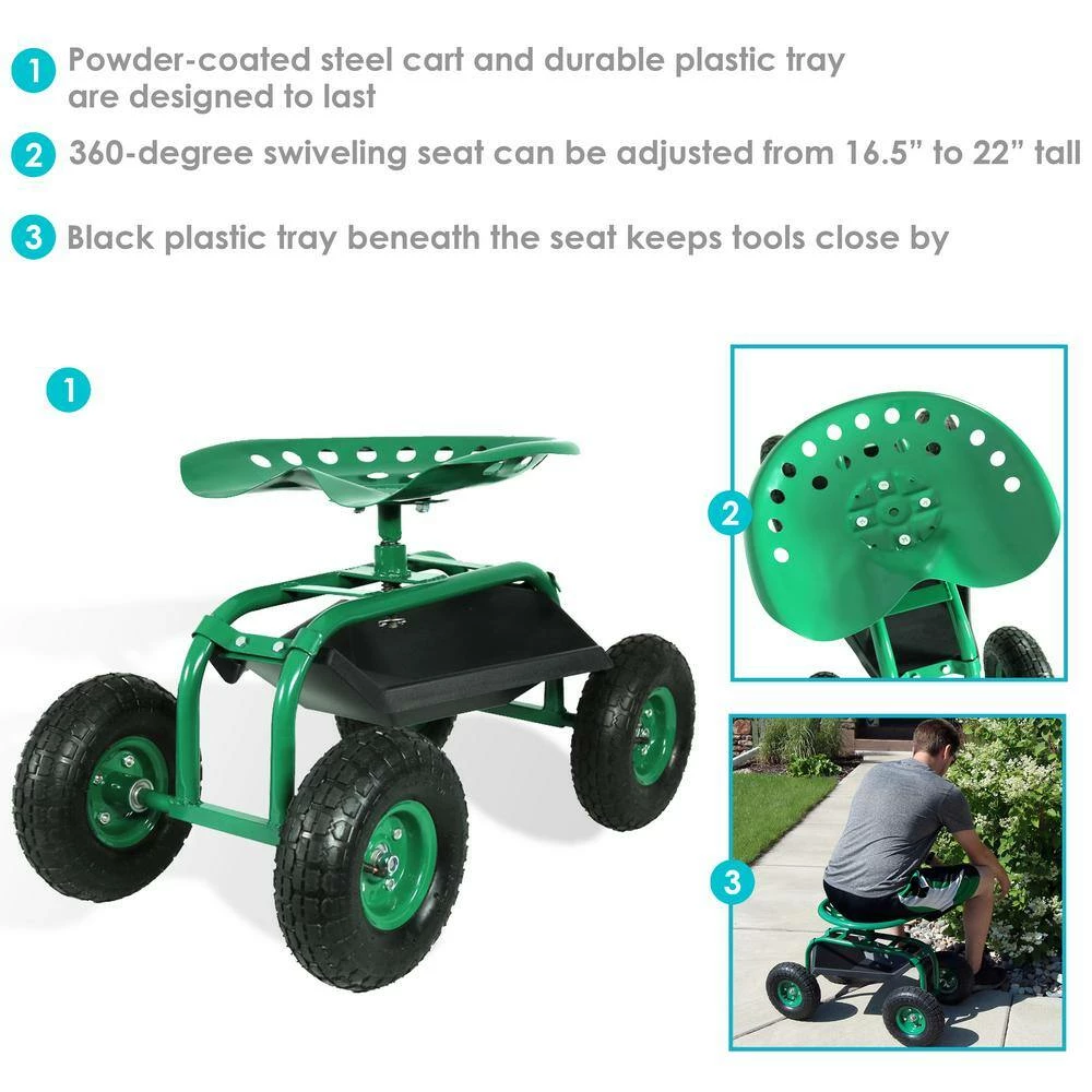 Sunnydaze Decor Green Steel Rolling Garden Cart with 360-Degree Swivel Seat and Tray 2 Sunnydaze Decor Green Steel Rolling Garden Cart with 360-Degree Swivel Seat and Tray - Image 2