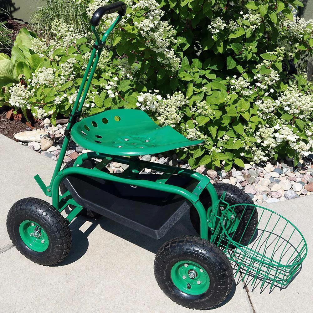 Sunnydaze Decor Green Steel Rolling Garden Cart with Steering Handle, Seat and Tray 9 Sunnydaze Decor Green Steel Rolling Garden Cart with Steering Handle, Seat and Tray - Image 9