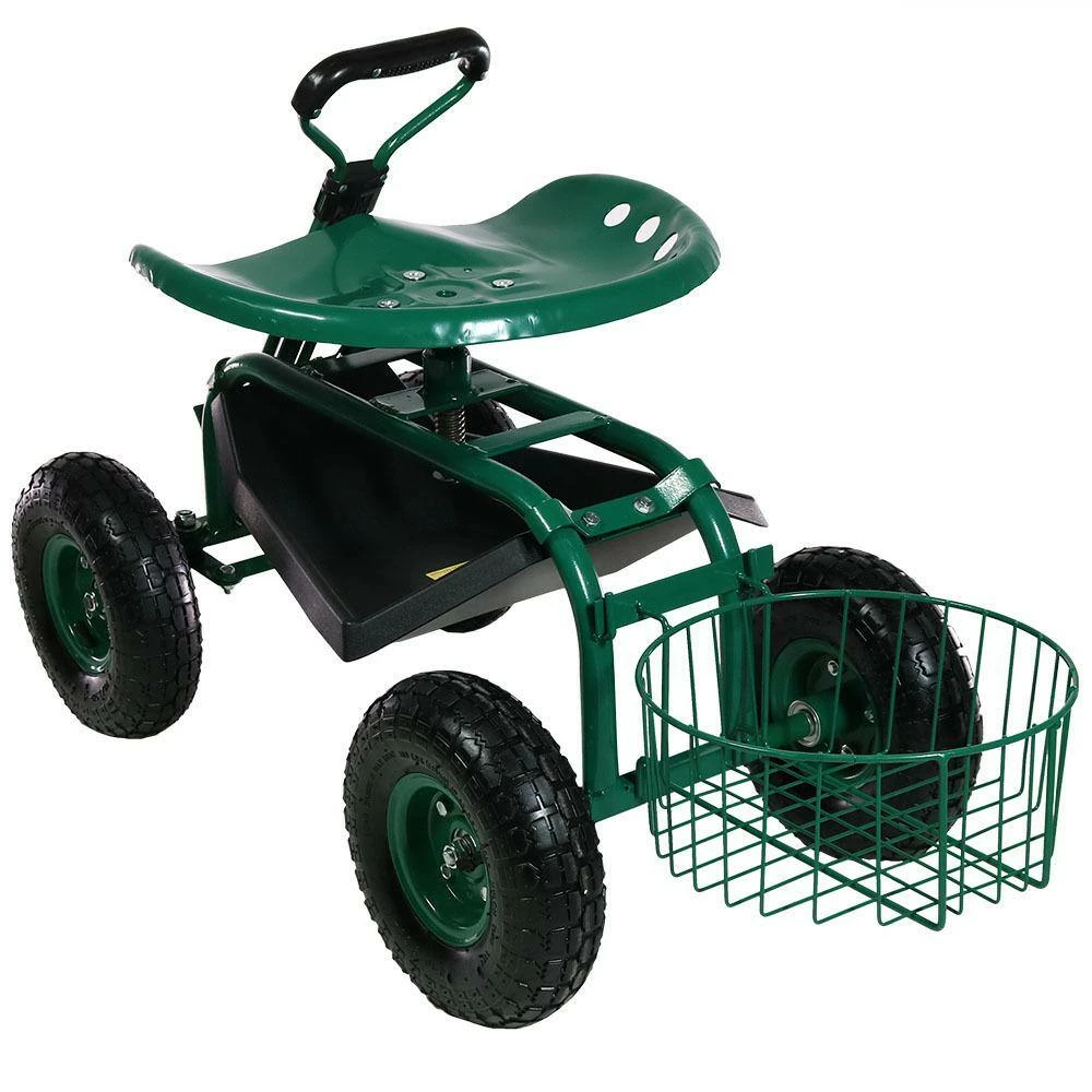Sunnydaze Decor Green Steel Rolling Garden Cart with Steering Handle, Seat and Tray 6 Sunnydaze Decor Green Steel Rolling Garden Cart with Steering Handle, Seat and Tray - Image 6