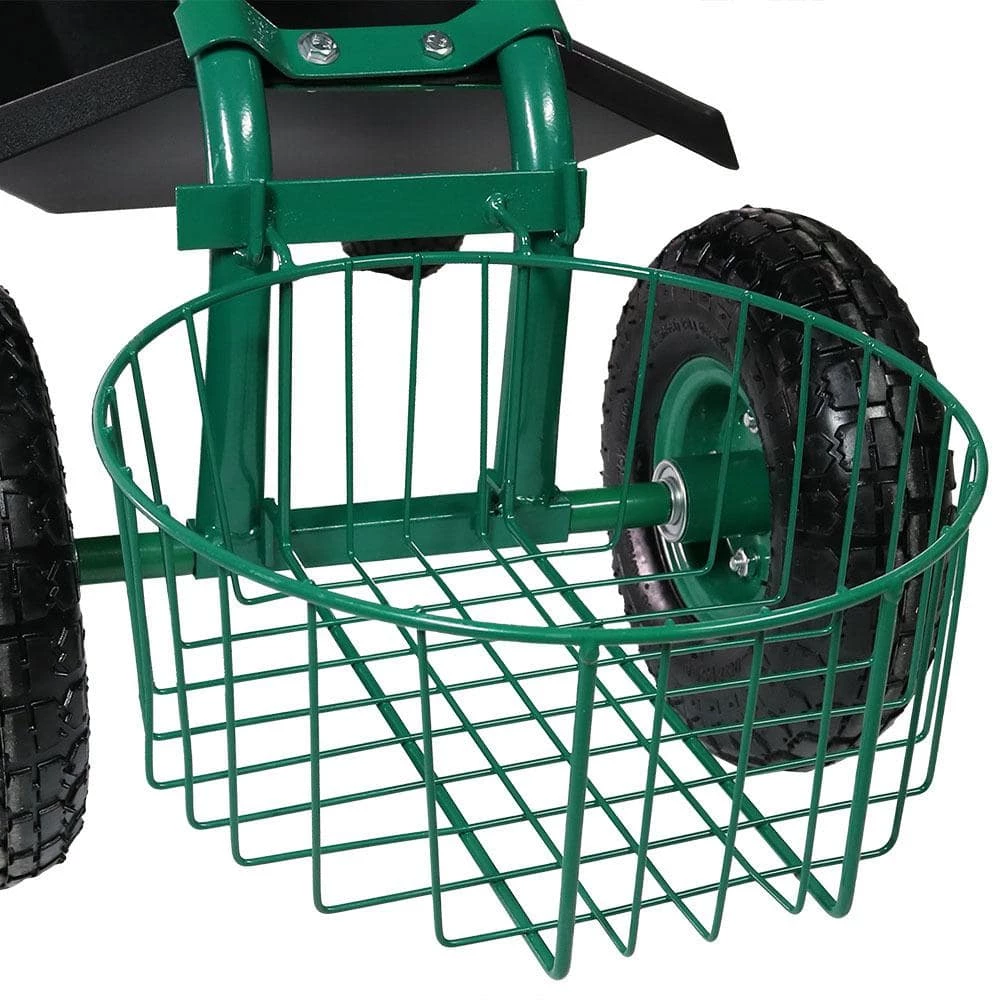 Sunnydaze Decor Green Steel Rolling Garden Cart with Steering Handle, Seat and Tray 4 Sunnydaze Decor Green Steel Rolling Garden Cart with Steering Handle, Seat and Tray - Image 4