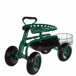 Sunnydaze Decor Green Steel Rolling Garden Cart with Steering Handle, Seat and Tray