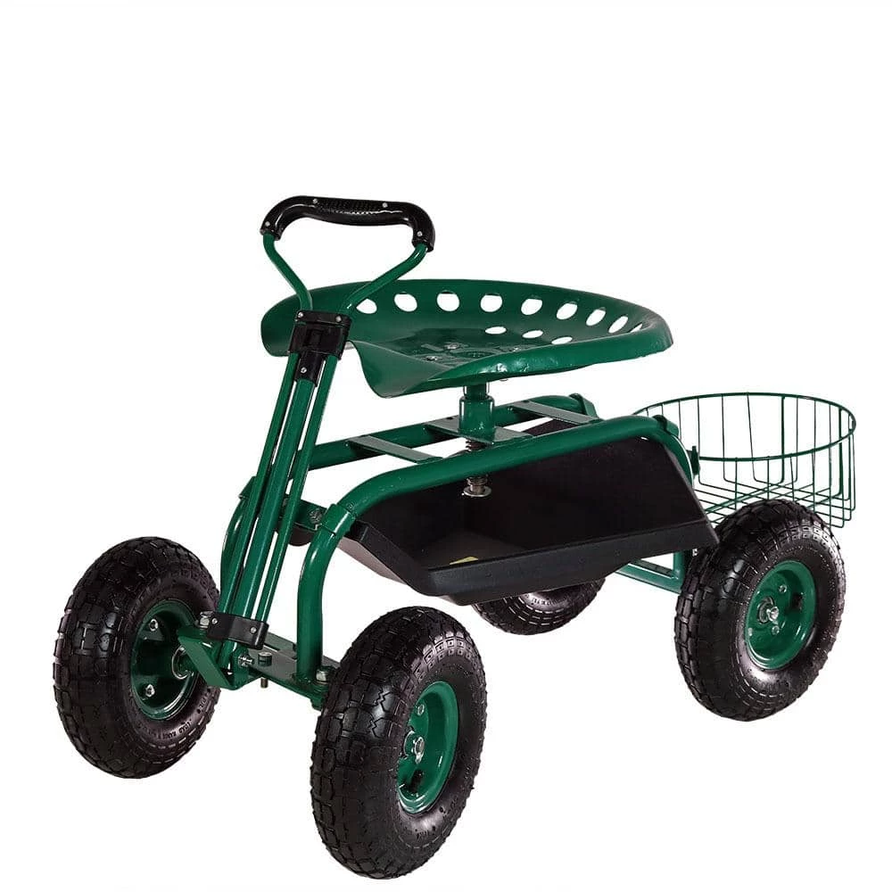 Sunnydaze Decor Green Steel Rolling Garden Cart with Steering Handle, Seat and Tray 1 Sunnydaze Decor Green Steel Rolling Garden Cart with Steering Handle, Seat and Tray