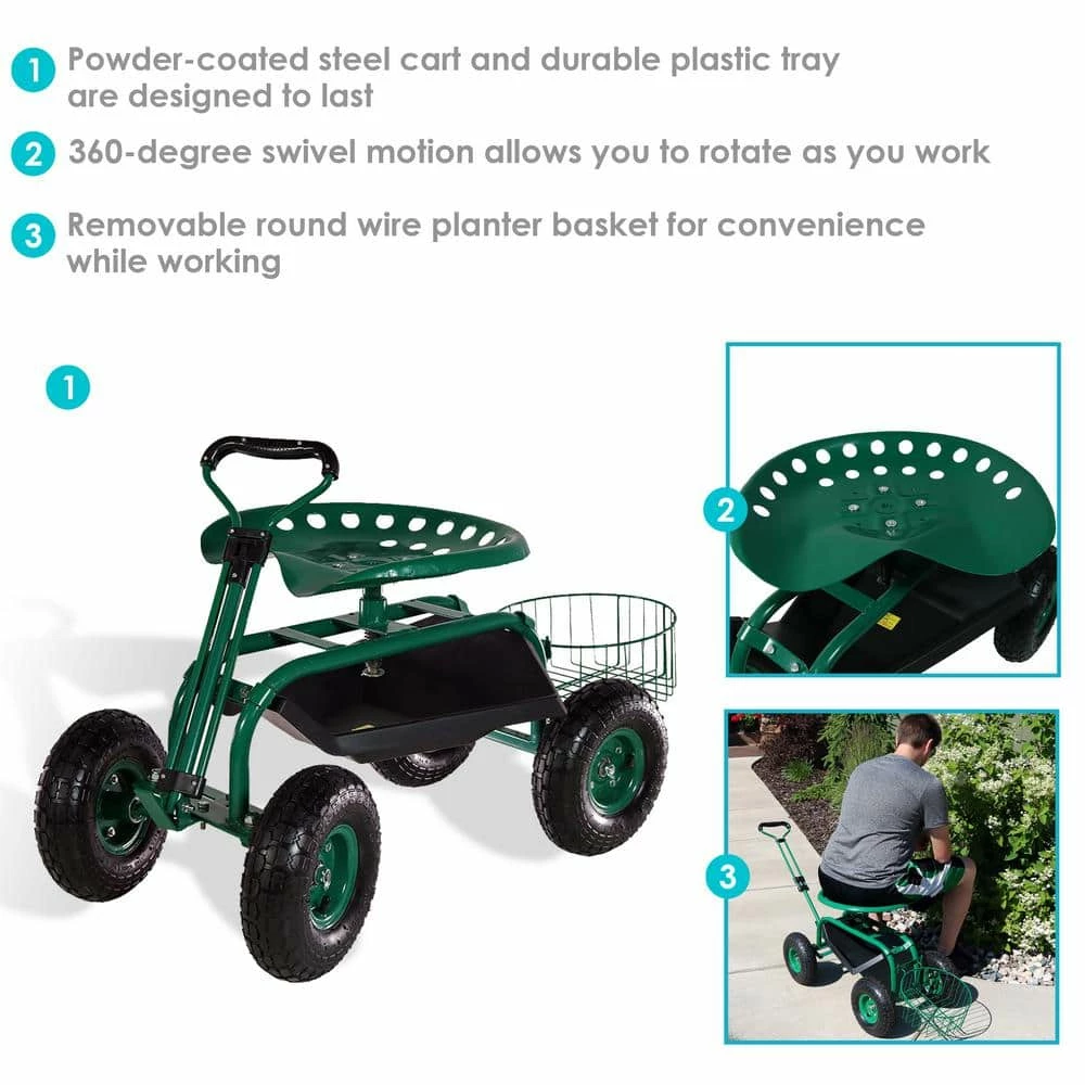 Sunnydaze Decor Green Steel Rolling Garden Cart with Steering Handle, Seat and Tray 2 Sunnydaze Decor Green Steel Rolling Garden Cart with Steering Handle, Seat and Tray - Image 2